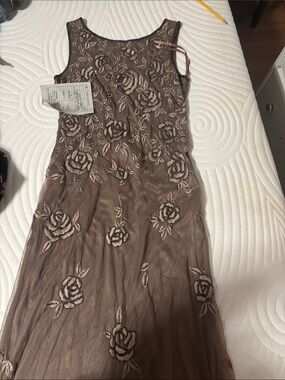 Pisarro Nights Taupe Embroidered Rose Maxi Dress